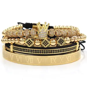 托斯万珠宝批发商新设计4件/套手链套装数字雕刻皇冠不锈钢女式手链