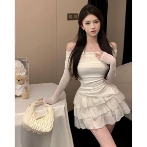 White Moonlight Off Shoulder Cake <b>Skirt</b> Set <b>Elastic</b> Waist Solid Color Tiered Party Dress Apricot Top And <b>Skirt</b> - Product Image 2