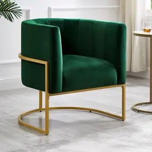 Kursi mebel ruang tamu hijau Modern, kursi santai Modern dengan dudukan logam emas sederhana