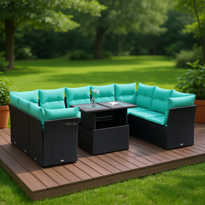 Conjunto de sofás de patio al aire libre de ratán sintético con cojines, muebles de jardín, 10 piezas, diseño contemporáneo, marco negro - Product Image 2