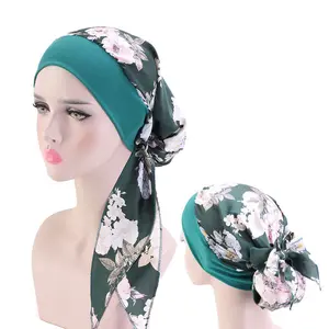 Yeni kadın moda başörtüsü kanser kemo çiçek baskı şapka türban ön tied Bandana şapka müslüman toptan kapaklar ve şapkalar