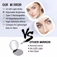 Miroir de maquillage compact pliable à double face avec LED 3 couleurs, tactile, avec lumière, grossissement 5x, petit miroir de poche pour les voyages