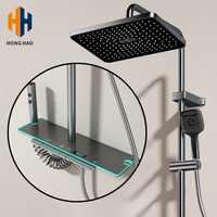 Ensemble de douche SPA mural moderne à LED thermostatique, double jet de pluie en céramique et aluminium, tube carré, finition chromée polie