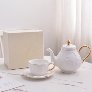 European Luxury White Plant Pattern Relief Eco-friendly Bone China Tea <b>Set</b> for Coffee Shops and Hotels - Product Image 2