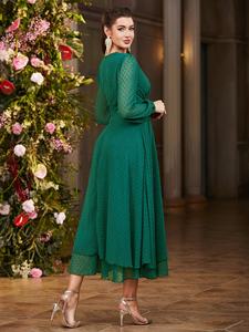 Abito a maniche lunghe da donna doppio pazzo collo a V in vita stretto alla moda - Product Image 6