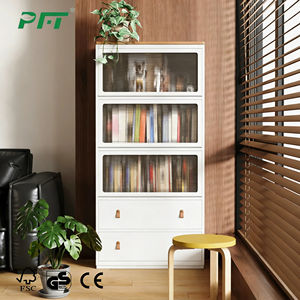 Vitrinas de exhibición de acero con efecto madera, puerta abatible, vidrio templado y cajones para almacenamiento de coleccionables - Product Image 2