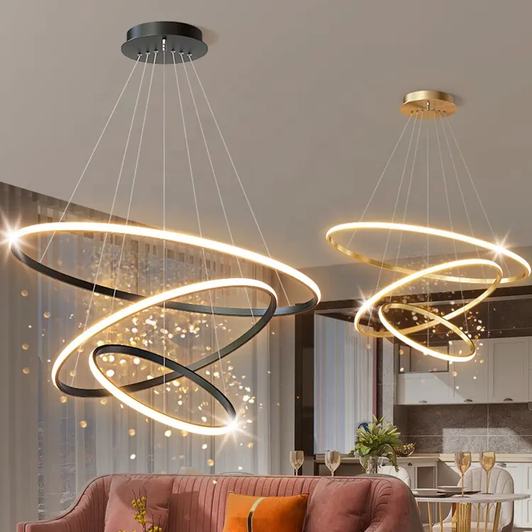 Hotel living room Luxury round 3 rings round Circle Line acrylic Gold metal LED chandelier pendant light