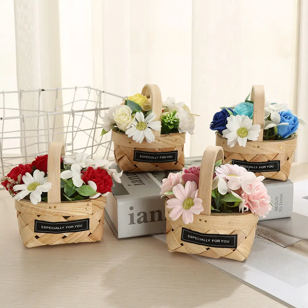 Nueva viruta de madera portátil vacaciones Regalo de Cumpleaños Rosa jabón flor handbasket decoración del hogar escritorio boda pequeña cesta de flores