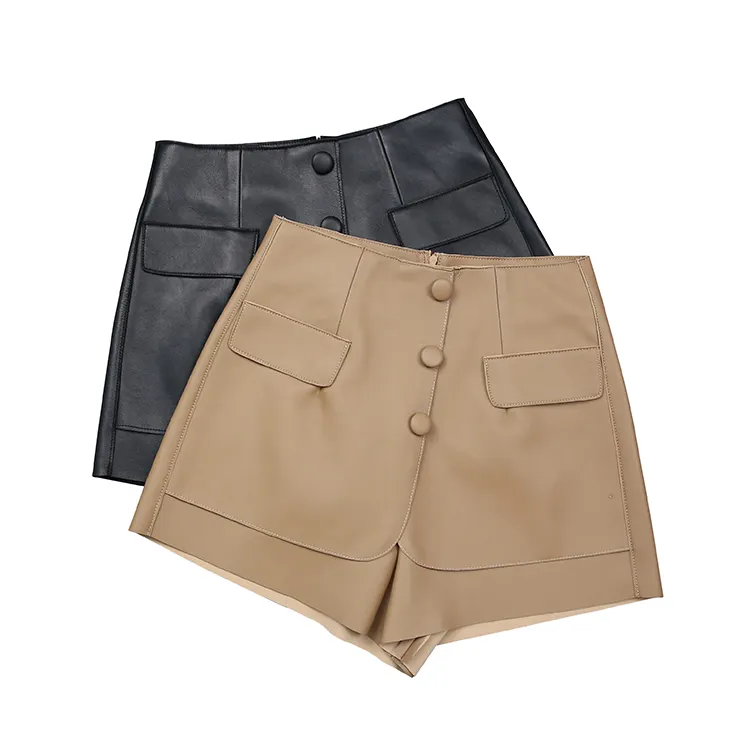 New Fashion Sheepskin Women Culotte Street Wear Buttons Hot Short Pants Genuine Leather Shorts