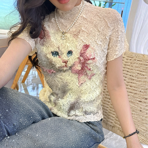 بلوزة نسائية عالية المرونة بنسيج الفقاعات ثلاثي الأبعاد مع طباعة قطة لطيفة بتصميم Y2K عصري مقاس واحد يناسب الجميع - Product Image 4