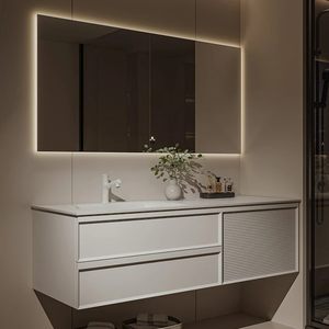 Modern Minimalist White Floating Bathroom Vanity Marble <b>Sink</b> Cabinet with Smart LED Mirror <b>Storage</b> Drawers - Product Image 3