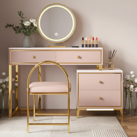 Ensemble de coiffeuse de luxe en bois avec pieds dorés à la française, modulaire, multifonctionnel, miroir éclairé réglable, tabouret, écologique, moderne