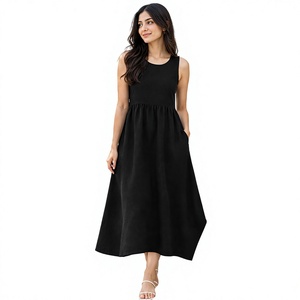 Black Sleeveless Midi <b>Dress</b> O-Neck A-Line <b>Loose</b> Fit Asymmetrical Hem With Pockets Casual <b>Summer</b>/Spring Breathable Women's <b>Dress</b> - Product Image 1
