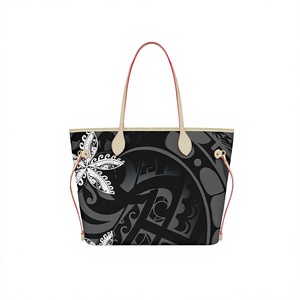 <b>Large</b> PU <b>Tote</b> <b>Bag</b> Polynesian Tribal Plumeria Floral Print Shoulder Handbag <b>Zipper</b> Closure for Travel Shopping Beach - Product Image 2