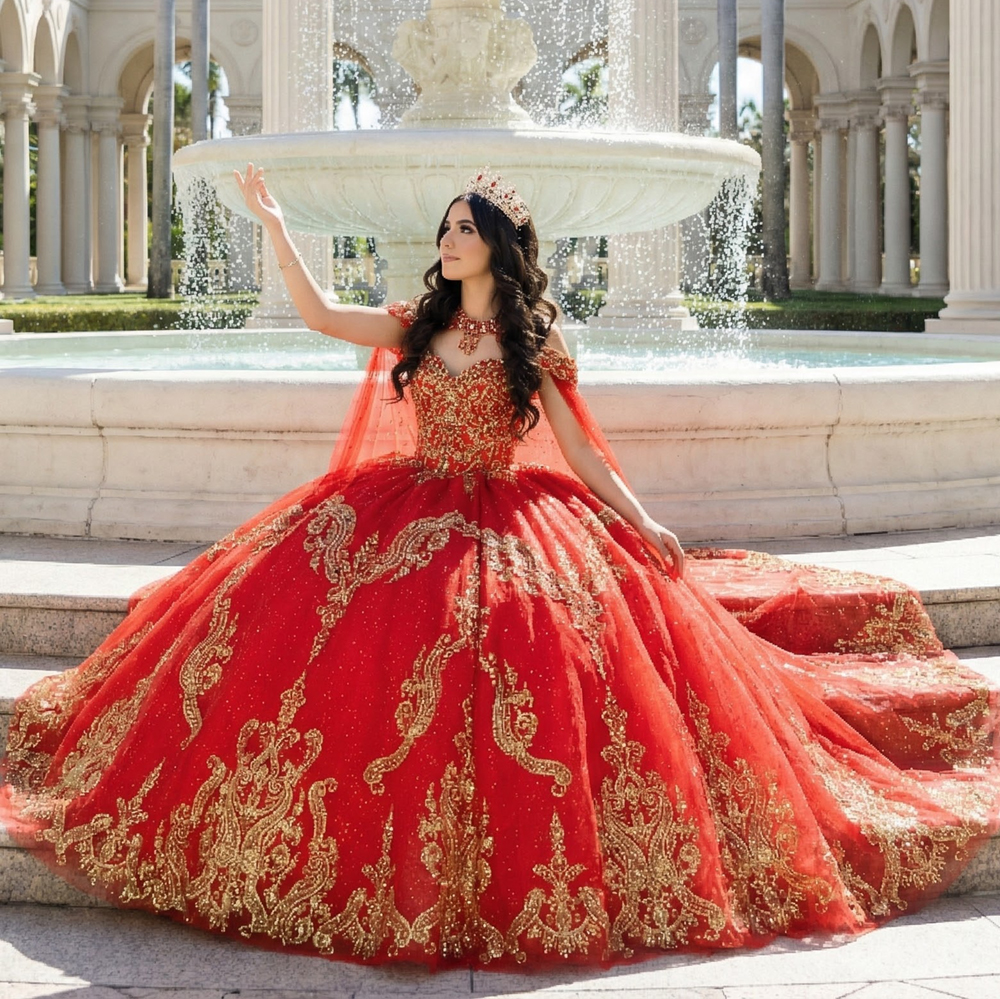 fitted lace wedding dress Red Off Shoulder Heavily Embroidered Cathedral Train A Line Dress 36 main image 1