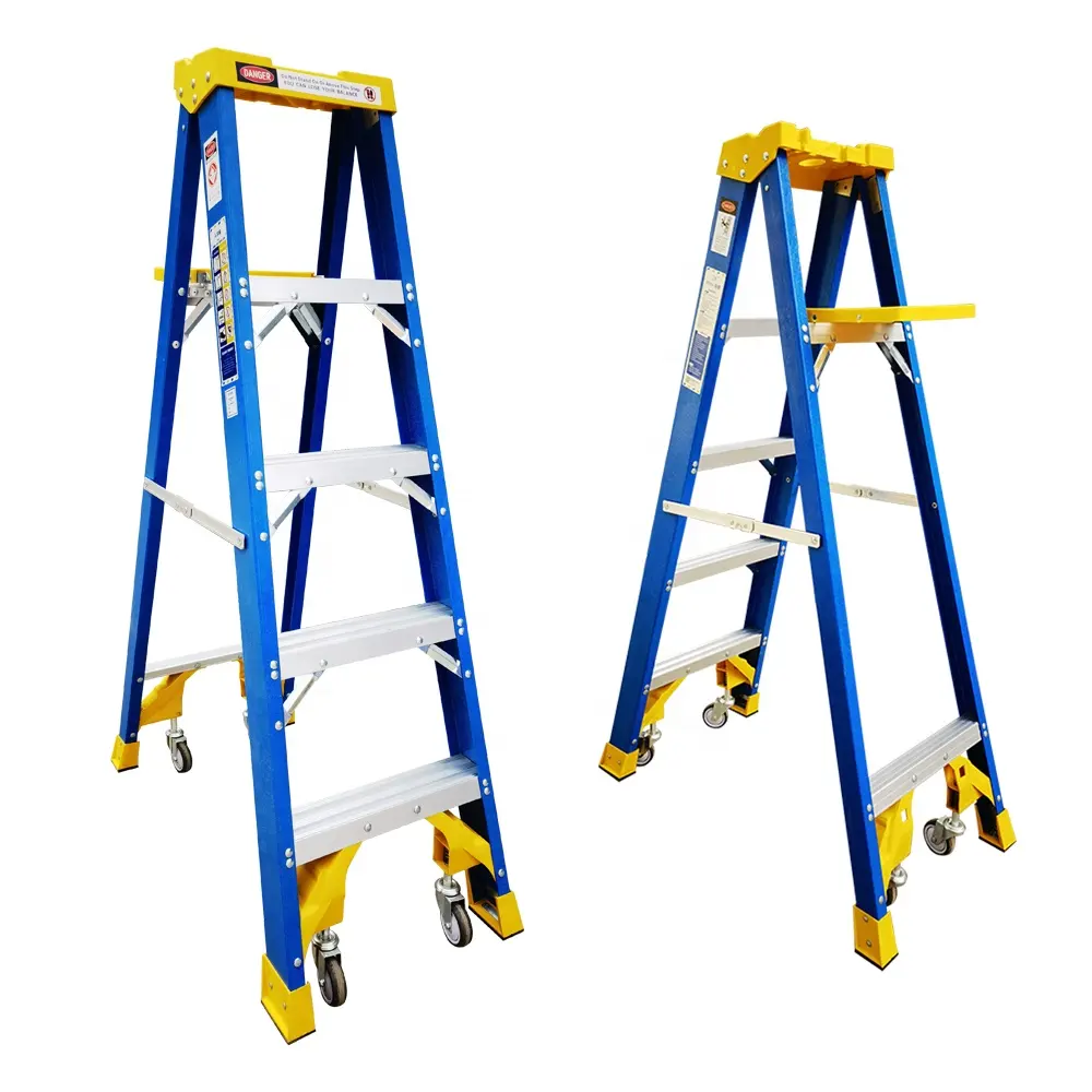 Ladder with wheels herringbone shaped fiberglass insulated household ladder