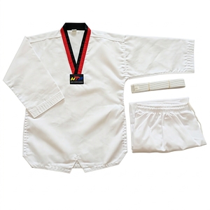 Uniforme de Taekwondo Ligero de Polialgodón para Niños, Dobok Transpirable con Cuello en V en Rojo y Negro, Venta al Por Mayor de Fábrica - Product Image 3