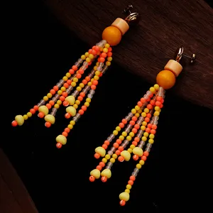 New Long Dangle Earrings Vintage Yellow Fashion Jewelry Female Tassel Beads Cactus Tassel Braided Chains Fashionable Jewelry