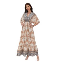Robe Maxi à imprimé ethnique bohème pour femmes col en V demi manches robe fluide à plusieurs niveaux mode robe longue décontractée