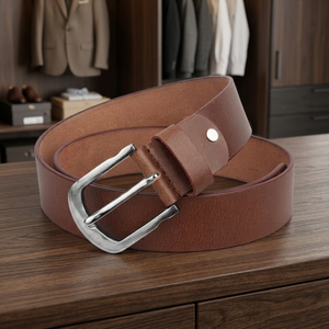 Ceinture pour homme en cuir de vache brun de style fête BS INTERNATIONAL, boucle carrée en acier personnalisée, écologique, imperméable et durable - Product Image 1
