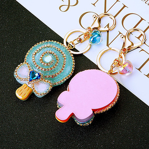 Porte-clés mignon en forme de sucette, rond, en plastique, avec strass, couleurs jaune, rose, bleu, corail, mousqueton - Product Image 2