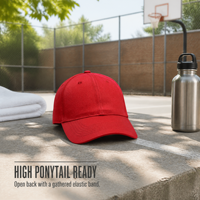 Casquette de baseball vintage sportive en sergé de coton à 6 panneaux, avec logo personnalisé, bande élastique, ouverture arrière pour chignon ou cheveux bouclés, style « Dad Hat »