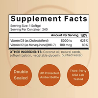 OEM/ODM Votre logo Approvisionnement d'usine Halal D3 K2 Vitamines D3 Gélule Complément alimentaire de qualité alimentaire Os de santé immunitaire