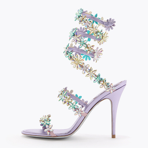 Sandales à talons aiguilles pour femmes, avec fleurs en cristal et spirales, motif marguerite irisée, à enrouler autour de la jambe, motif floral, vente en gros, OEM, personnalisées - Product Image 1
