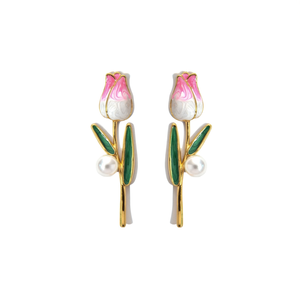 Boucles d'oreilles en forme de tulipe en acier inoxydable 316L plaqué or PVD avec perle, bijoux tendance pour femmes - Product Image 2