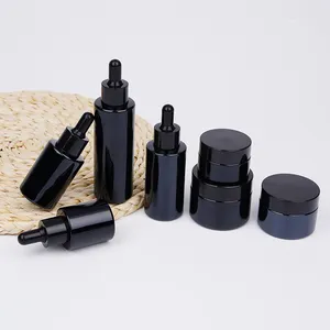 Skin Care Essence Bottle With Black Glass Dropper 20g 30g 50g Matte Black Glass Cream Jar