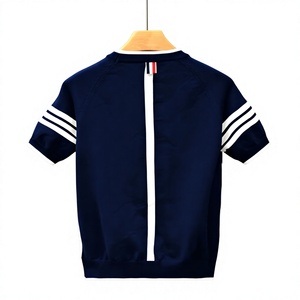 T-shirt décontracté pour homme bleu marine à manches courtes, coupe classique, col rond, en maille polyester/coton, écologique, anti-boulochage, avec bordure contrastante - Product Image 5
