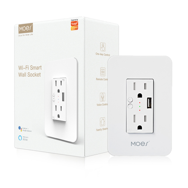 MOES WiFi Smart Power Wall Socket with USB, 2 Plug Outlets 15 Amp Divided Control US Socket