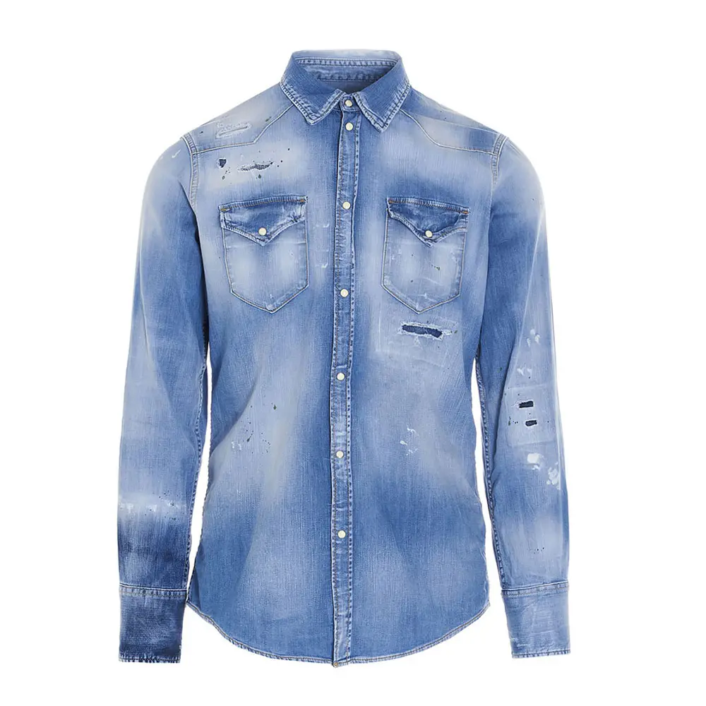 Denim Shirt Slim Fit Shirts Snap Button Up Met Lange Mouwen Casual Mannen Katoen Gevoerd Cowboy Twee Kleur Shirts Mannen apparels, mannen Gewassen