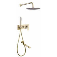Système de douche pluie vintage avec pommeau rond, bras flexible courbé, douchette à main multi-jets et kit de fixation murale