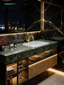 Hotel style light luxury rock slab seamless ceramic basin intelligent mirror cabinet high-end bathroom cabinet - Product Image 5