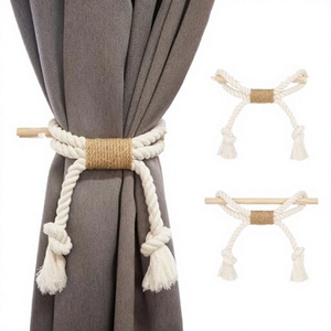 Porlau Modern Long Design Cotton Eco-Friendly Durable 18cm Woven <b>Magnetic</b> <b>Curtain</b> Holdbacks Tassel Tie Backs Wood Stone for - Product Image 4