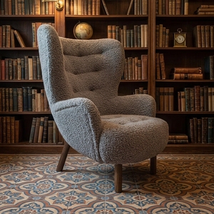 Poltrona Moderna Italiana in Morbido Tessuto di Lana d'Agnello Ecologica, Imbottita, con Gambe in Legno Massello, per Soggiorno, Modello Little <span class=keywords><strong>Petra</strong></span> - Product Image 1