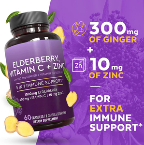Oem nhãn hiệu riêng Cơm cháy vitamin C + Kẽm với 300mg gừng + Vitamin D3 5000 IU hỗ trợ sức khỏe miễn dịch + Chức năng và thúc đẩy - Product Image 2