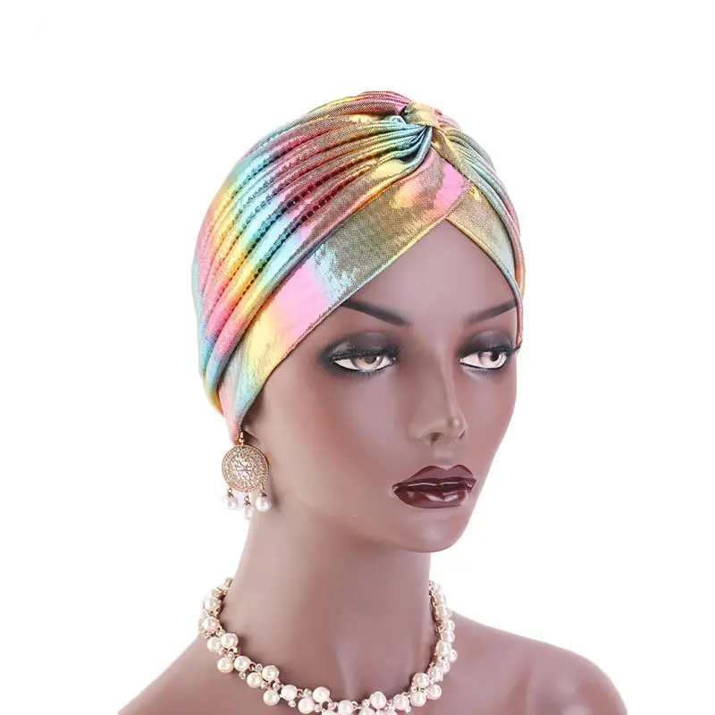N933 Kanker Haaruitval Hoed Metallic Kleurrijke Hoofd Wrap Vrouwen Moslim Shiny Tulband Knoop Heldere Indian Hoed Arabië Hijab Laser tulband