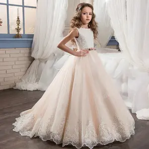 Lace Tulle Flower Girl Dress Bows Back Girls First Communion Gowns Princess Ball Gown Kids Wedding Party Dress
