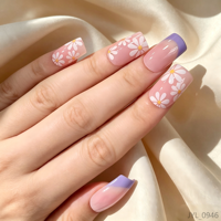 Faux ongles à presser en gros, forme cercueil, motif marguerite, faux ongles artificiels, pointes françaises lilas, nude brillant, personnalisables OEM