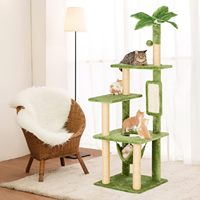 Arbre à chat 4 niveaux en bois écologique et sisal de 55 pouces avec feuilles vertes, hamac intérieur et maisonnette en peluche pour chat, livré en carton