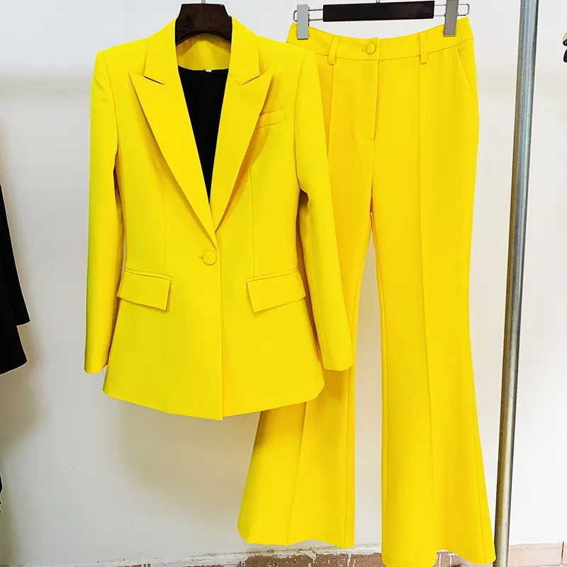 Conjunto de terno blazer com calças femininas, para escritório, de alta qualidade, slim, com botão único