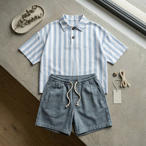 Ensemble de shorts pour garçons en tissu tricoté d'été décontracté 100% coton, motif géométrique coloré - Product Image 3