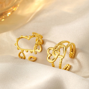 Nouvelle Bague de Fiançailles et de Mariage Ajustable en Acier Inoxydable Plaqué Or 18K avec Double Cœur et Zircon pour Femme, Design Tendance 2025 - Product Image 6