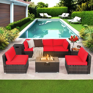 Ensemble de salle à manger en rotin PE rouge, 5 places, mobilier d'extérieur avec coussins rembourrés doux pour jardin et terrasse - Product Image 1