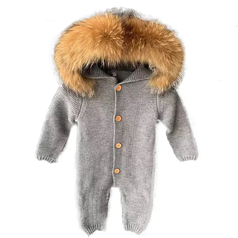 Customize Hooded Baby Boy Girl Winter Coat Rompers Clothing Wholesale Outwear Cute Knitted Baby Kids Winter Rompers Baby Clothes