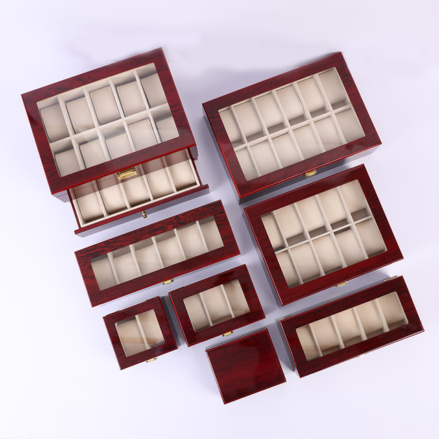 Cross-Border In-Stock 10-Slot Glossy Lacquer Watch Box Solid Wood Piano Lacquer Storage Case with Buckle Window Display Case