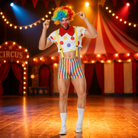 Costume de Clown pour Homme en Gros, Tenue de Cirque d'Halloween, Haut Court à Pois Colorés, Short Rayé, Vêtement de Scène pour Carnaval