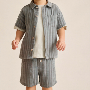 Conjunto de Camisa Listrada de Verão e Shorts em Algodão Orgânico para Meninos, Camisas com Botão e Shorts, Roupas Personalizadas para Crianças - Product Image 1